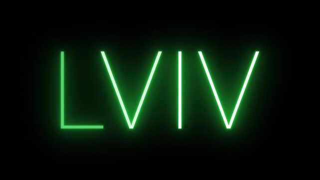 Flickering neon green glowing lviv sign animated on black background.