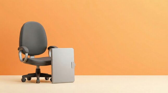 Office chair and closed laptop against orange backdrop