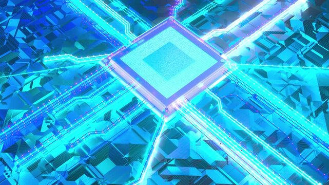 Futuristic quantum computing circuit: Giant CPU core with glowing entangled particles and waves - Procedural 3D seamless loop ProRes 4444 XQ animation.