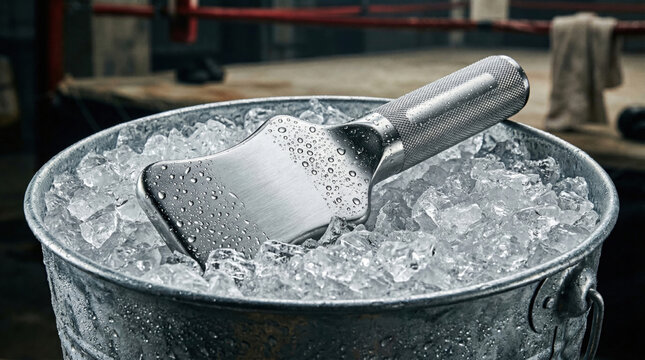 Boxing corner ice bucket with water droplets and metal ice scoop for cooling down boxer between rounds