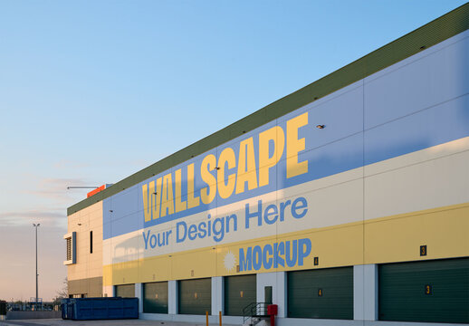 The facade of an industrial warehouse in Barcelona displays a vibrant mockup wallscape