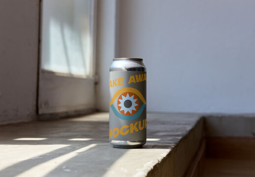 Real photo of can Container on Sunny Windowsill. PSD mockup.