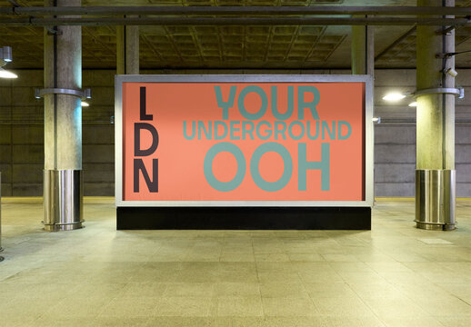 Real photo of indoors billboard Space for Advertising in London. PSD Mockup.