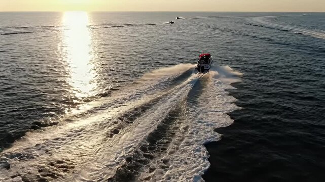 Aerial drone view of a fast speedboat cruising on the ocean at sunset, creating white foamy waves