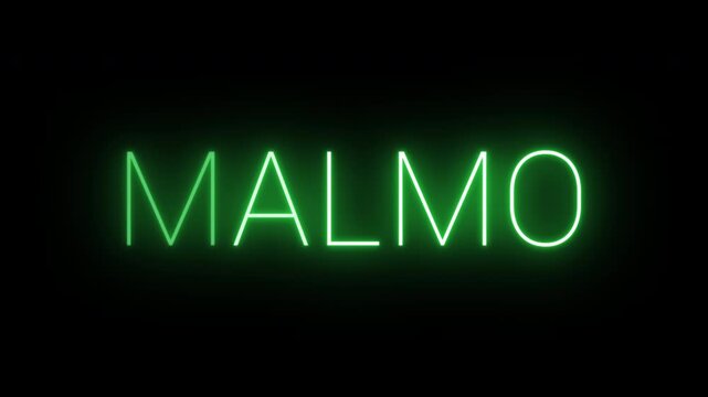 Flickering neon green glowing malmo sign animated on black background.