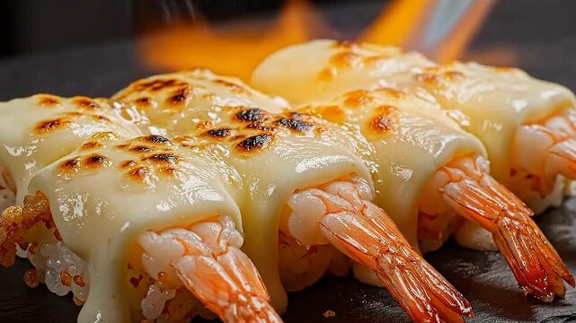 Chef searing cheese topped shrimp sushi rolls with a blowtorch on a dark stone plate