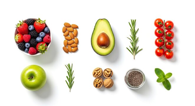 A flat lay composition showcases a variety of fresh, colorful fruits and nuts arranged on a white surface.