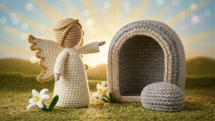 Naklejka premium Crocheted angel points to empty tomb at sunrise. Knitted biblical Easter scene for religious holiday. Resurrection day concept.