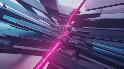 Fototapeta premium Sharp geometric shards and planes in dark blue and purple with bright pink neon light trails