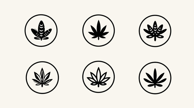 Round icons with various stylized cannabis and hemp leaves, minimalist vector art for medical, recreational, and industrial uses