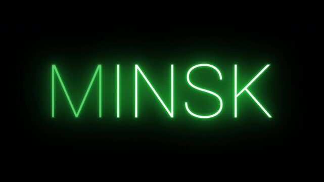 Flickering neon green glowing minsk sign animated on black background.