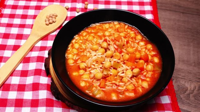 Assaggiare con un cucchiaio la zuppa di ceci e riso