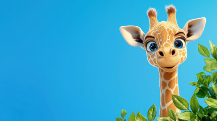 Cute cartoon baby giraffe peeks out from behind green leaves against bright blue background, radiating joy and curiosity © Somporn Na Ubon