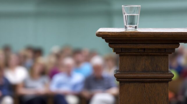 A classic wooden lectern with a glass of water, blurred audience in the background. real-estate listings.