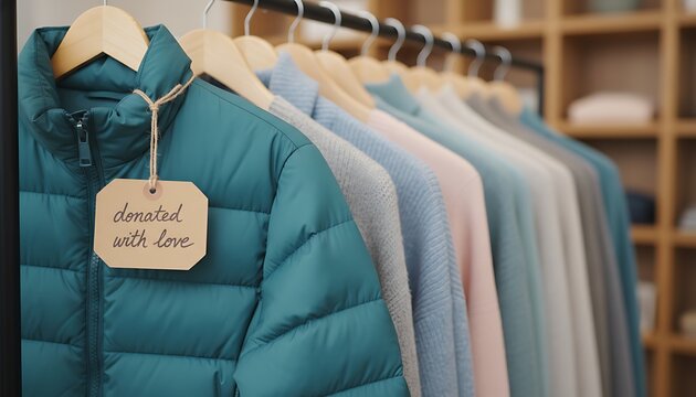 Blue winter coat with donated with love tag hangs in closet. Other clothes on hangers in background. Charity clothing drive for warm season wear. Charitable Winter Clothing Drive