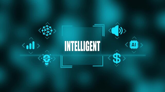 Intelligent technology concept with bright cyan for AI data analysis finance and sound arranged around the word INTELIGENT on a blurred dark teal background