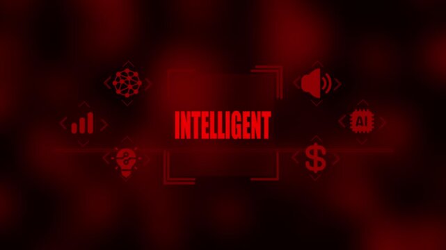 Red intelligent technology concept with glowing for AI data analysis finance and sound surrounding the word INTELIGENT on a dark blurred red background