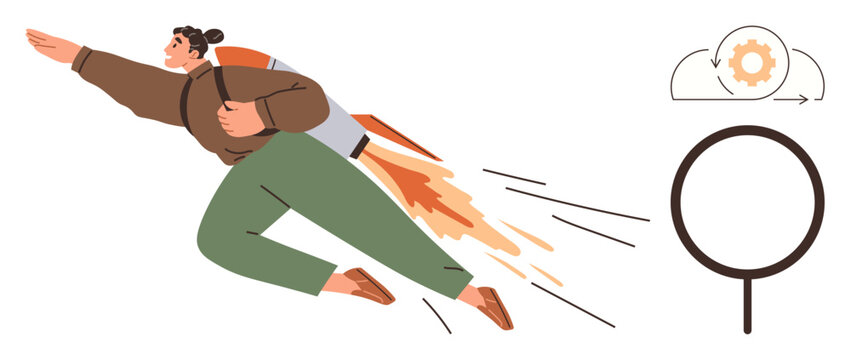 Innovation, career growth, new opportunities, success, exploration, productivity. Person with a rocket backpack flying forward and icons of a magnifying glass, cloud and gear. Innovation and career