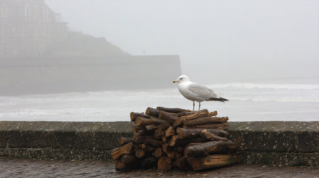 Seagull perched on wooden logs by a foggy coast