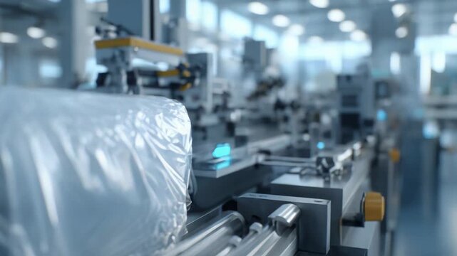 Automated factory conveyor with robotic arms and industrial machinery performing precise packaging, sorting and assembly in a modern smart factory environment for efficient production