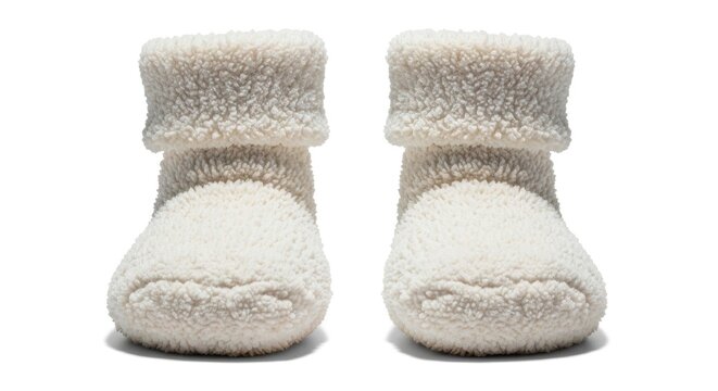Pair of Ultra-Soft White Sherpa Fleece Bootie Slippers Isolated on White Background for Winter Comfort and Warmth