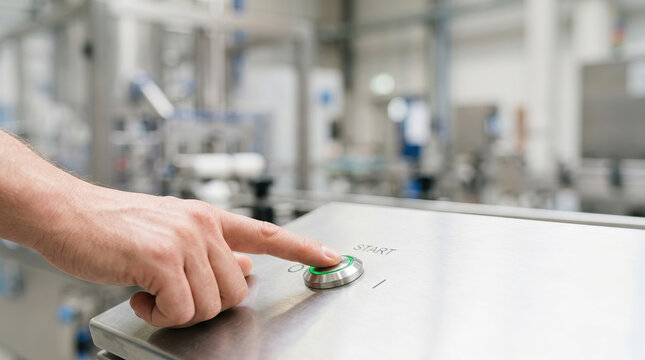 Hand finger start button control panel industrial machinery metal factory production equipment close up of hand pressing green start button metal control panel industrial factory setting