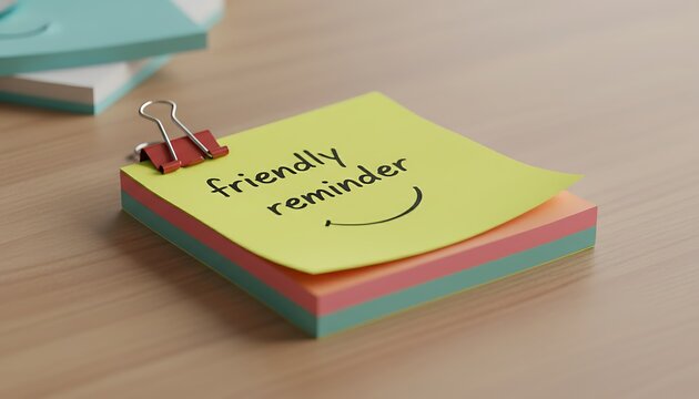 Yellow sticky note with friendly reminder text and a face is pinned on a stack of colorful paper. The message serves as a cheerful prompt for tasks or appointments.  Office Communication, Planning & P