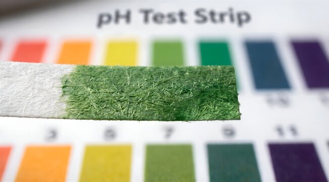 pH test strip displaying a green result held against a ph color chart, indicating neutral or alkaline levels for science and water testing