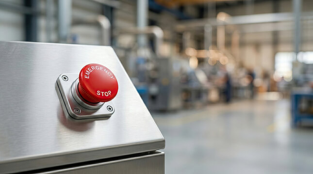 Emergency stop button on metal control panel in factory setting, safety device for urgent machine shutdown, industrial environment with blurred background and workers