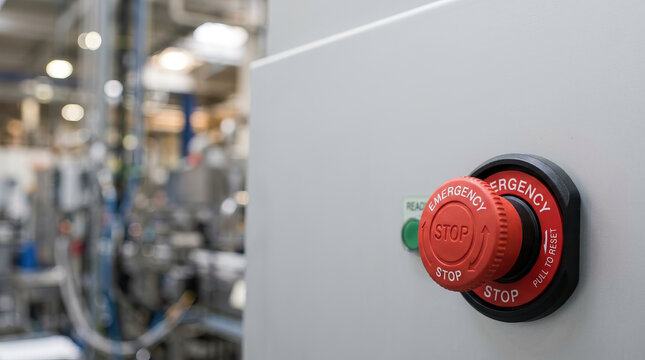 Emergency stop button on industrial control panel in factory environment with blurred machinery background, safety equipment for urgent shutdown
