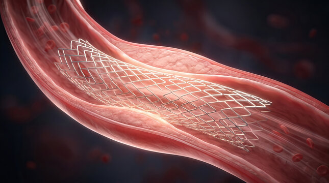 Artery blood vessel medical stent vascular implant cardiovascular surgery healthcare anatomy circulation human body artery cross section with detailed medical stent implant inside blood vessel