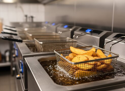 Potato wedges fry in bubbling hot oil in commercial kitchen. Golden brown wedges cook in deep fryer basket. Preparing tasty crispy fast food meal. Health & Pharmaceutical Product Manufacturing