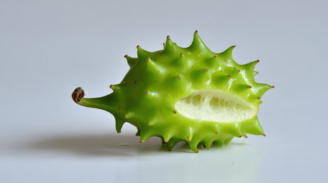 Cross-section of a spiky green fruit against white background