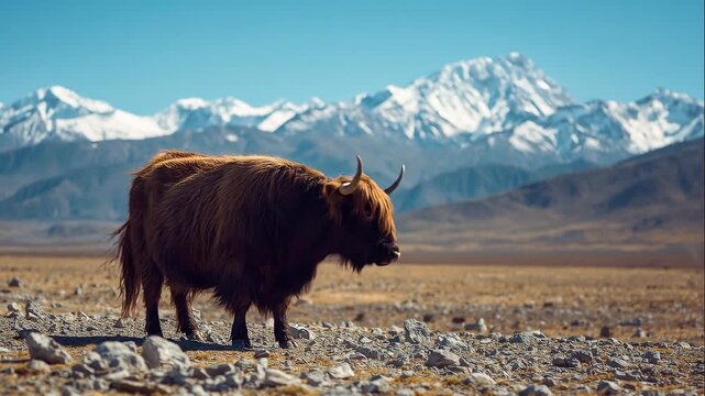 A lone yak with thick brown fur and curved horns stands on rocky terrain with snow-capped mountains in the background under a clear blue sky