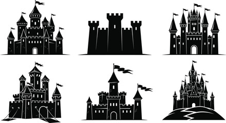 Fototapeta premium Medieval castle silhouette set with towers, walls and flags, fantasy fortress and fairy tale kingdom architecture icons, dark royal stronghold illustrations isolated on white background