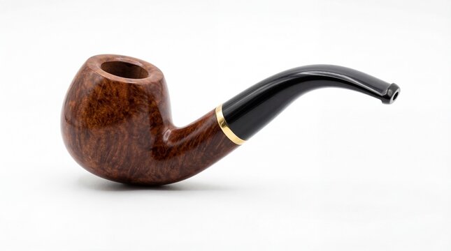 A classic brown briar wood tobacco smoking pipe with a curved black stem and a golden metal ring