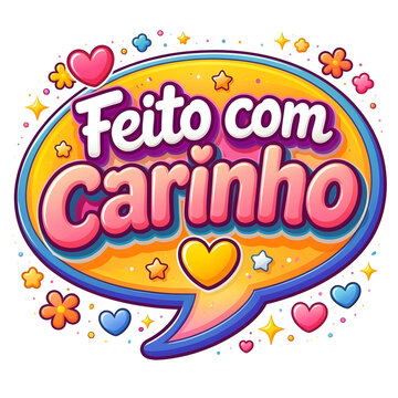 Logotipo Colorido "Feito com Carinho" com Cora&ccedil;&otilde;es e Estrelas