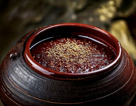 Korean Traditional Onggi Earthenware Pot with Doenjang, Fermentation Heritage Close-Up