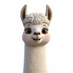 Fototapeta premium Smiling white llama with fluffy hair and big eyes on white background