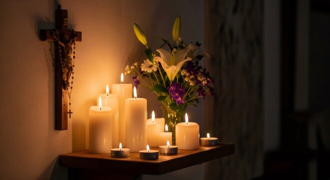 Candlelight vigil with crucifix and flowers near wall. Religious devotion concept for Easter and Good Friday. Faith and remembrance.