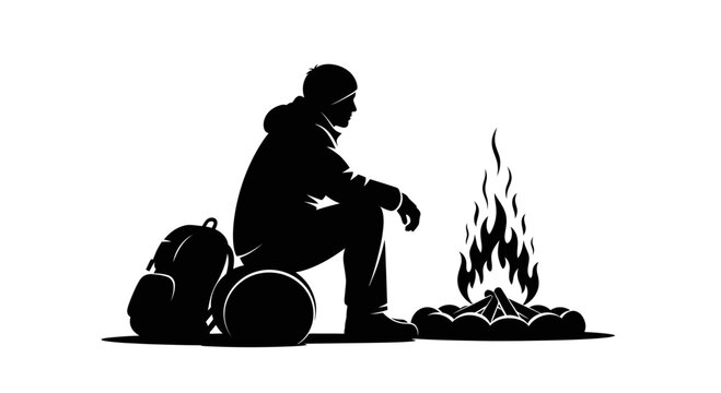 Silhouette of a Hiker Resting by a Campfire