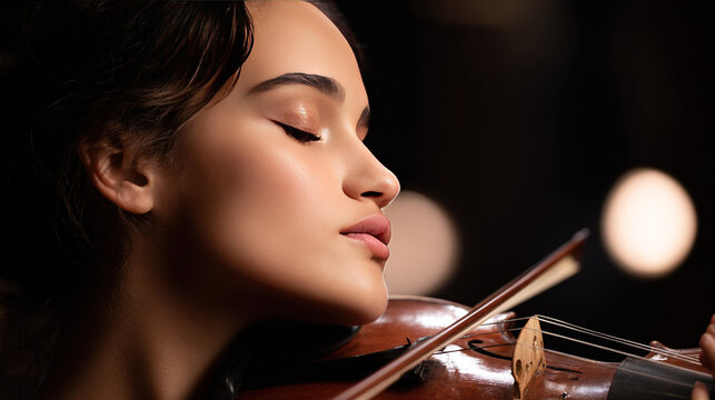 Woman playing violin in a dimly lit setting