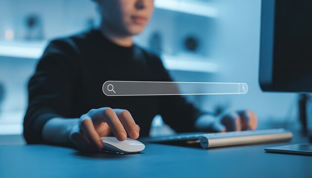 Businessman working on laptop at office desk with computer and technology equipment