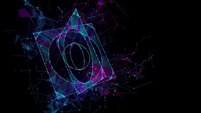 Abstract big data 3D grid rectangle frames rotate with elipsoide holes inside. Quantum computing concept on dark background. Blockchain grid box сoncept. Artificial intelligence design