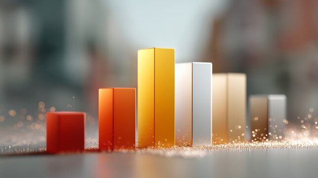 Gradient-colored bars rising from red to gray against a particle-filled blurred background tell the story of measurable growth, comparative analytics, and the power of data-driven decision making 