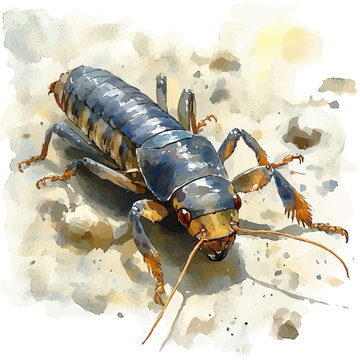 Earwig, watercolor illustration vector, isolated on a white background.