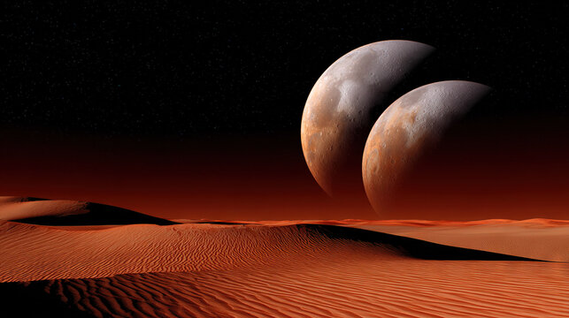 Two moons rising over a vast desert landscape at dusk