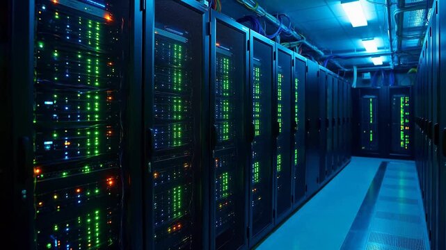 Rows of server racks in a data center