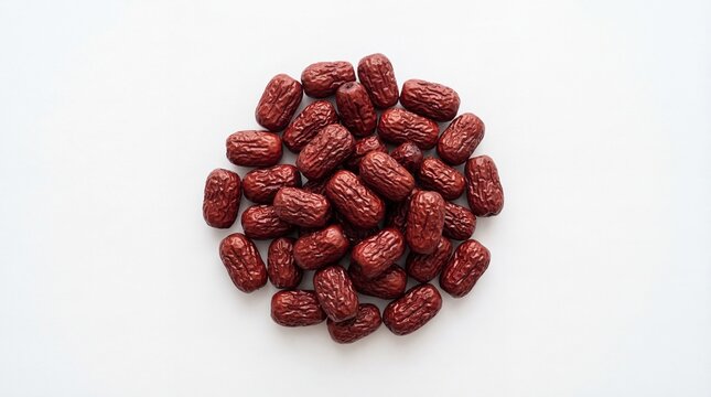 A small cluster of dried red jujube fruits arranged together in a tight group from a top view