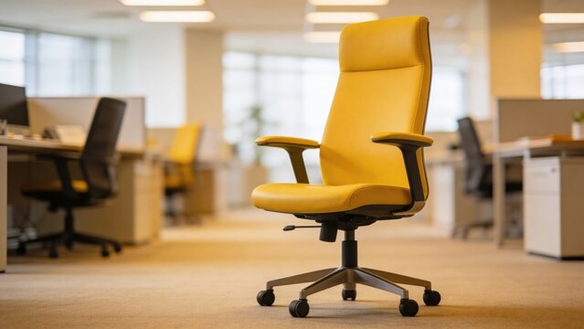 A modern yellow office chair on wheels in a bright, spacious office environment with cubicles and large windows.